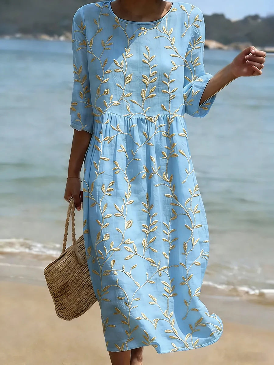 Natalie | Midi Dress with Plant and Floral Pattern and Round Neckline