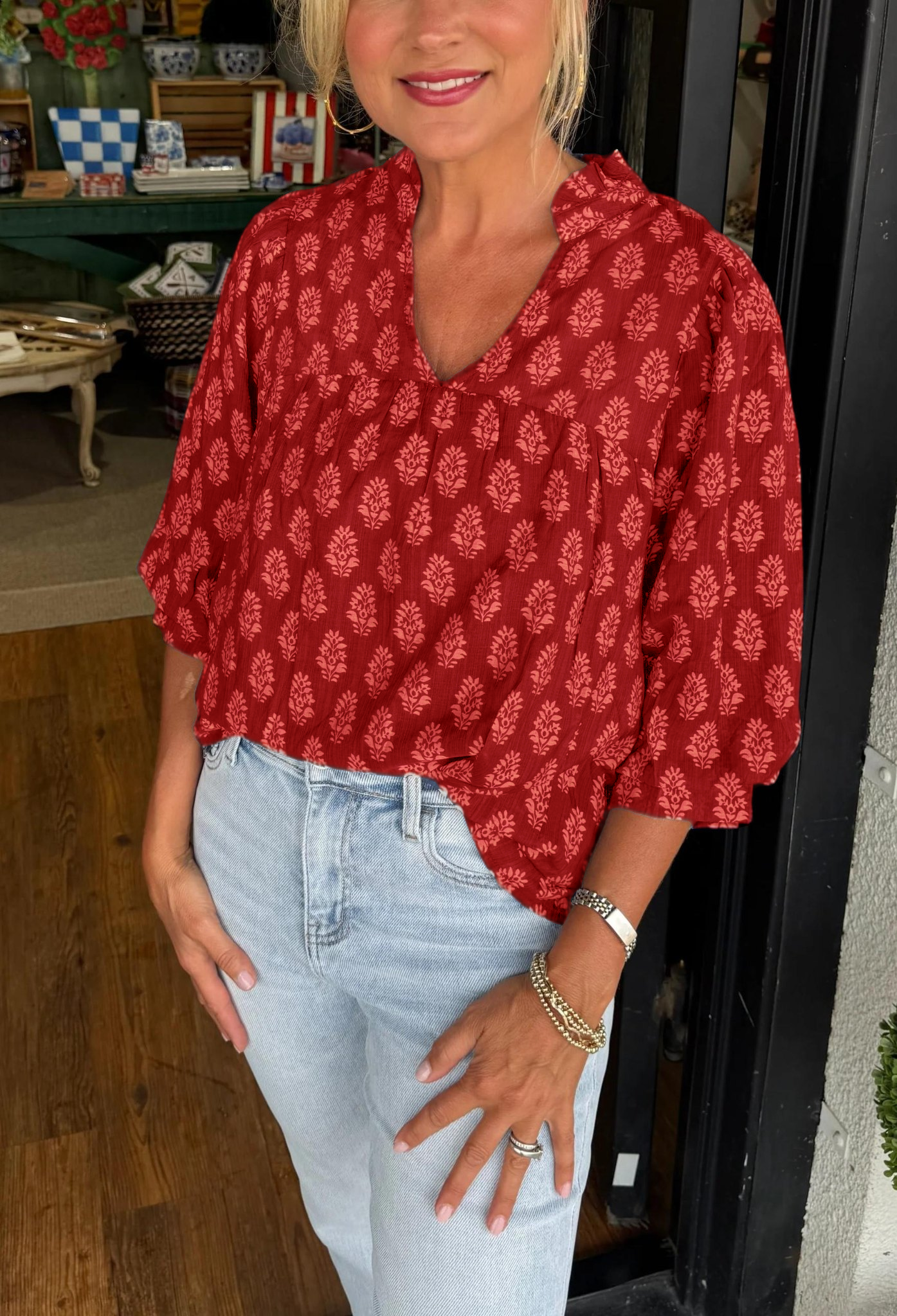 Flore | V-neck Half-sleeve Printed Shirt Top