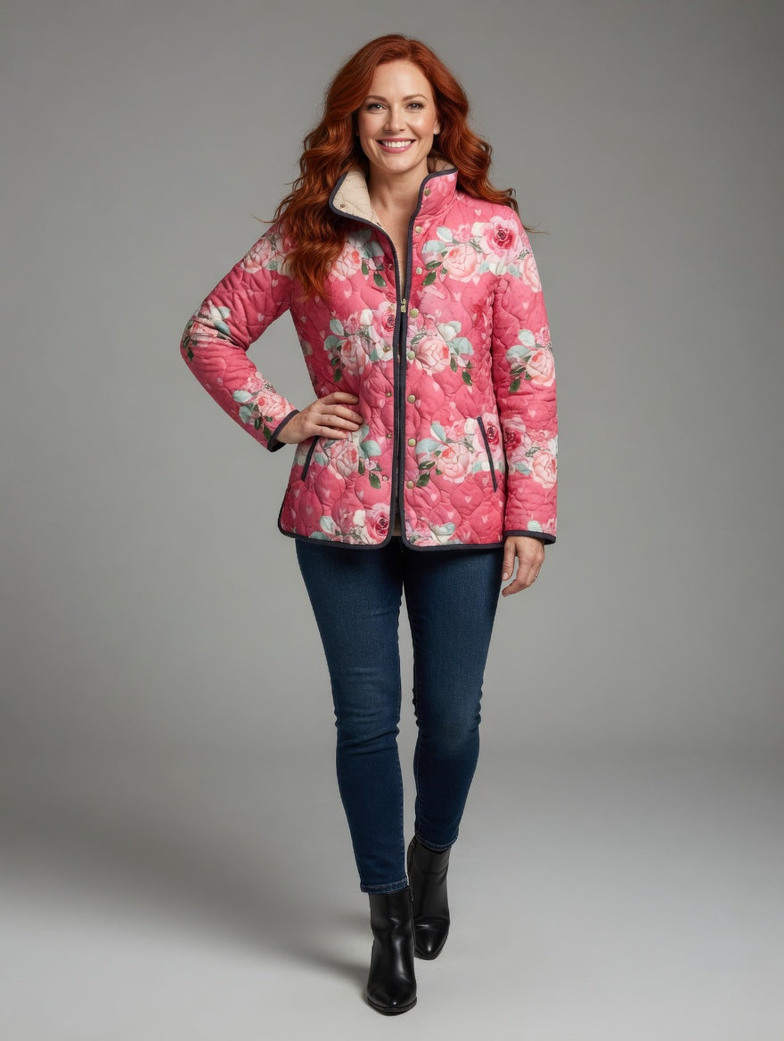 ASTRID™ | Charming Quilted Jacket with Pink Floral Print