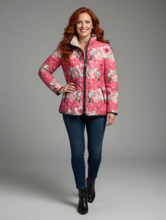 ASTRID™ | Charming Quilted Jacket with Pink Floral Print