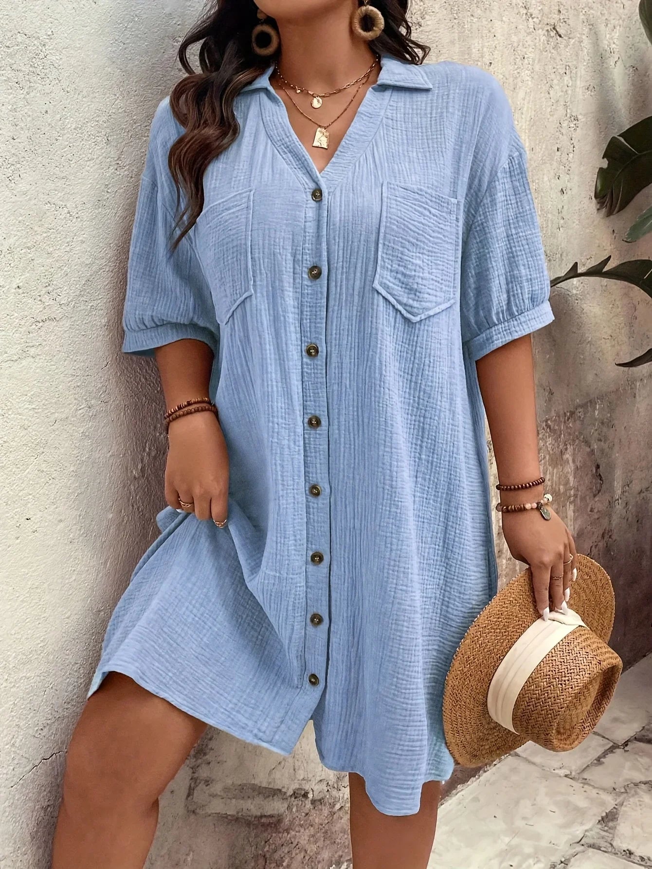 Elanora – Textured Button-Front Shirt Dress