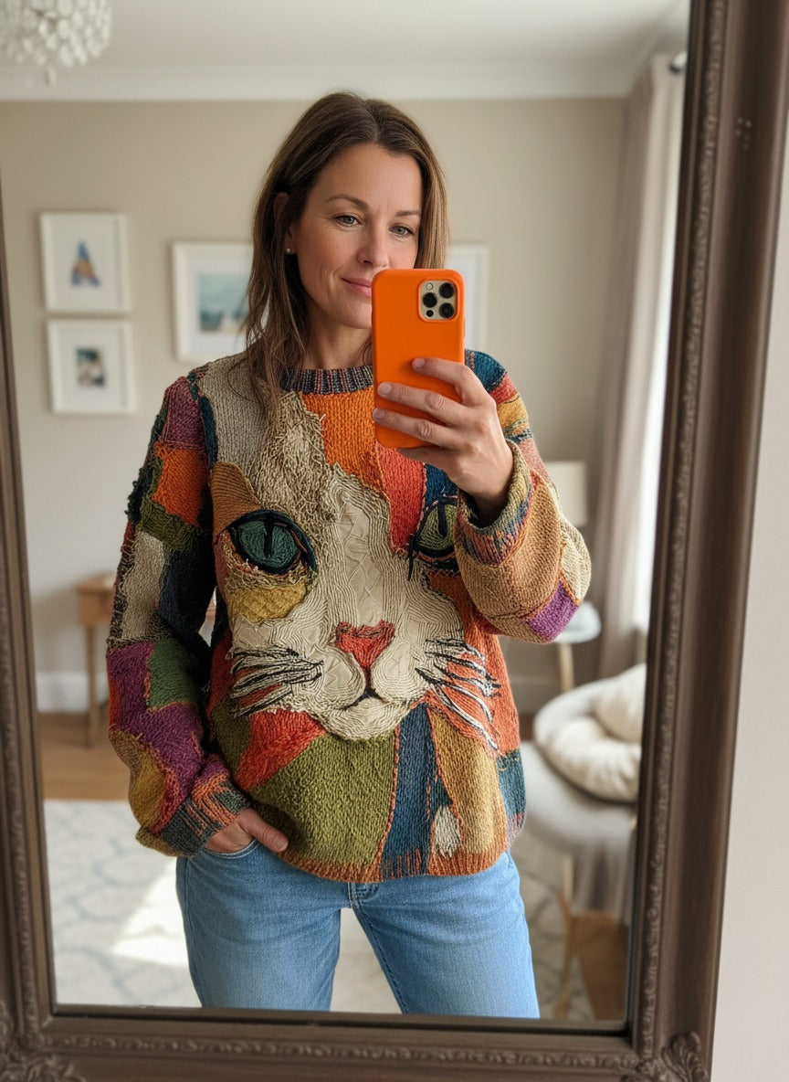 Muriel | Artistieke trui met kattenprint