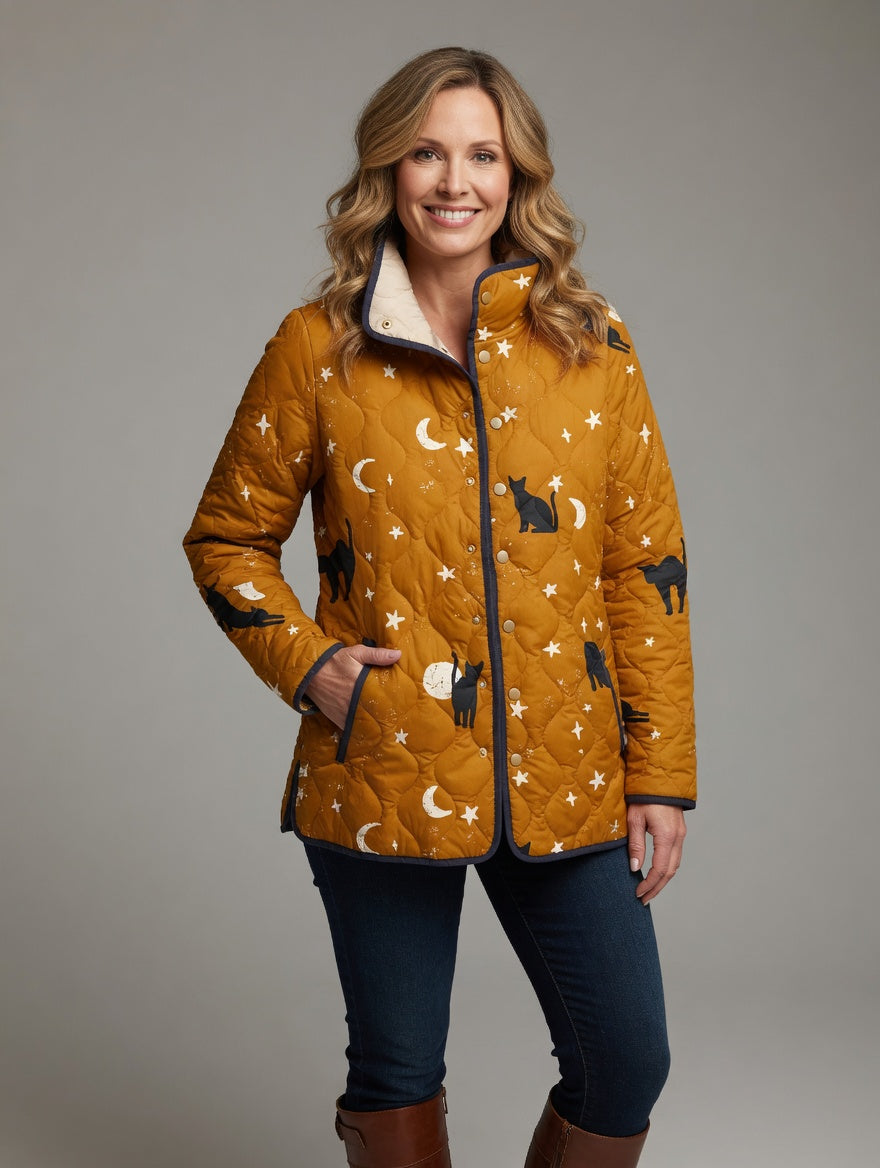 MYA™ | Black Quilted Jacket with Cat Pattern