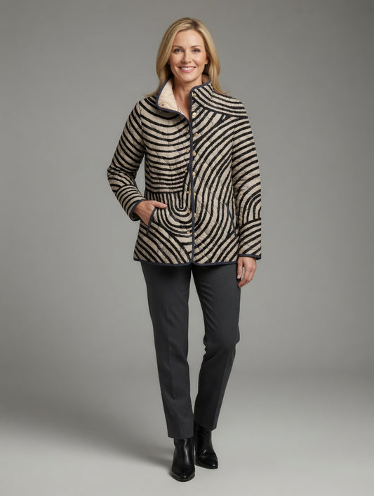 MARIAH™ | Quilted Jacket with Hand-Drawn Retro Circular Design